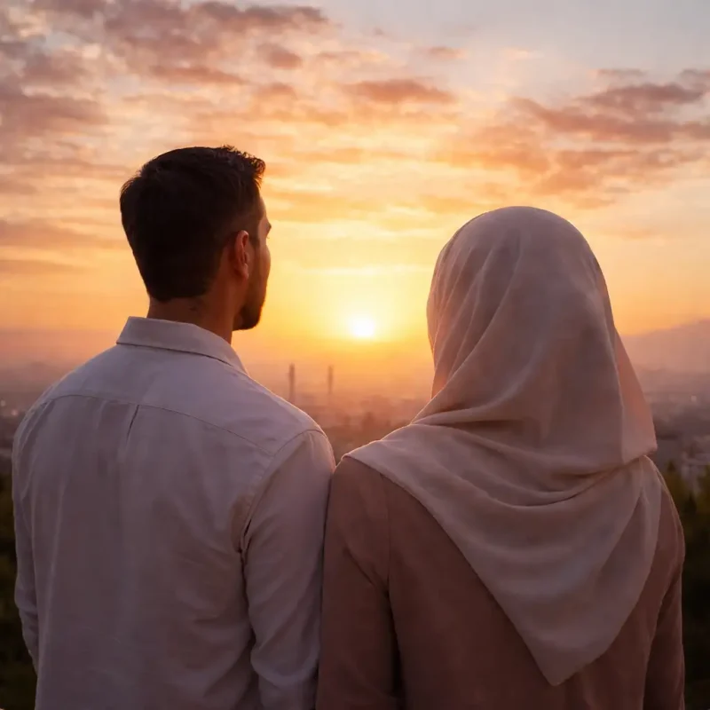 Muslim couple looking at the sunrise
